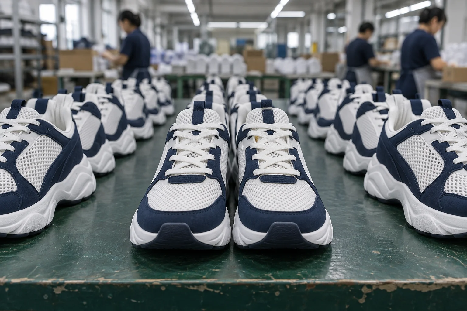 Rows of finished white and navy sneakers prepared for packing